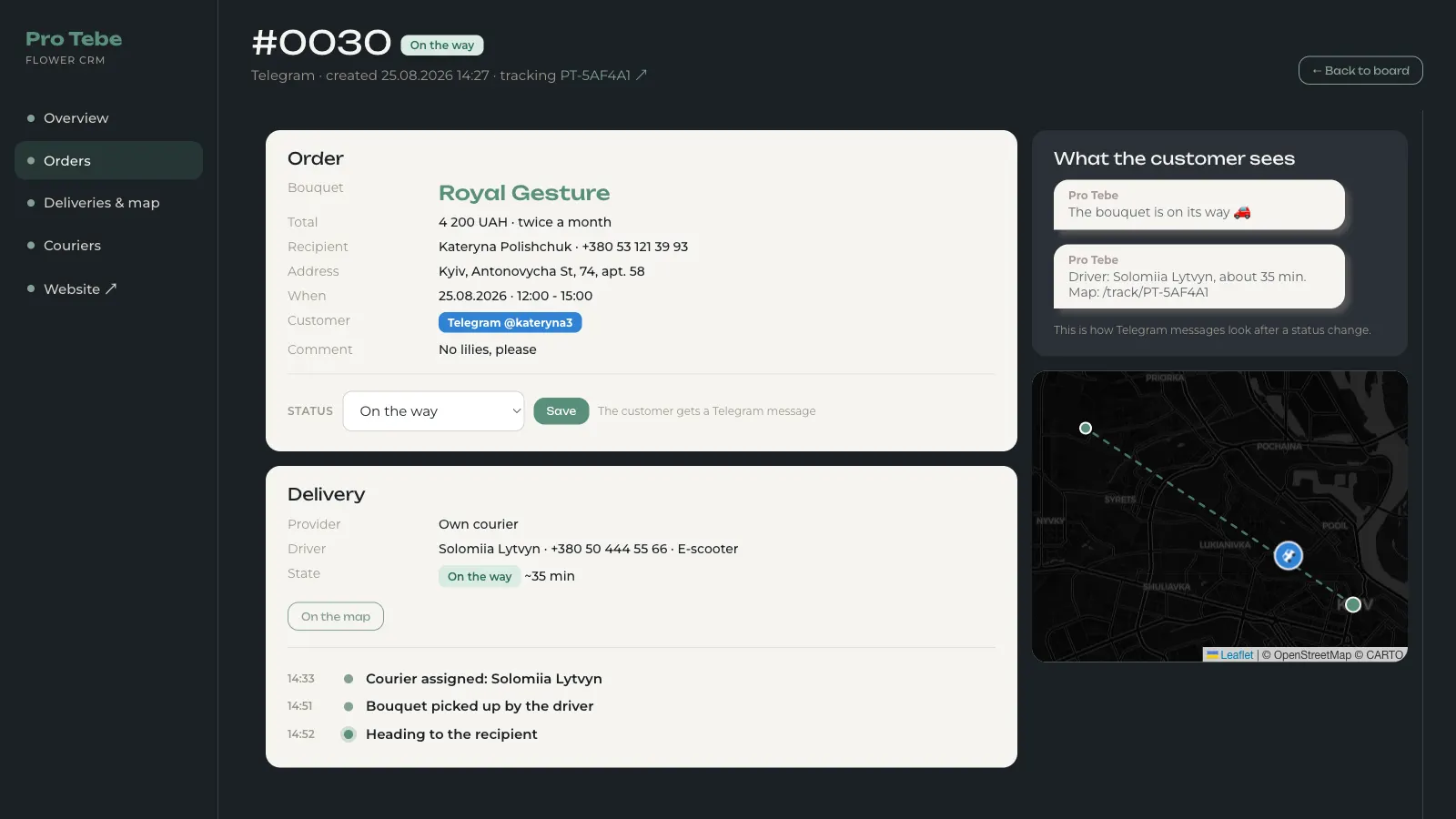 Flower Subscription Service: Telegram Ordering, Uklon Delivery Dispatch & CRM