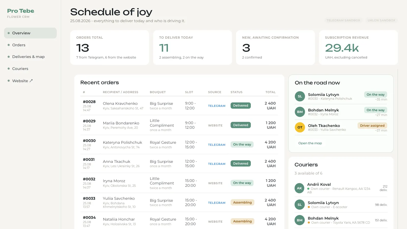 Flower Subscription Service: Telegram Ordering, Uklon Delivery Dispatch & CRM