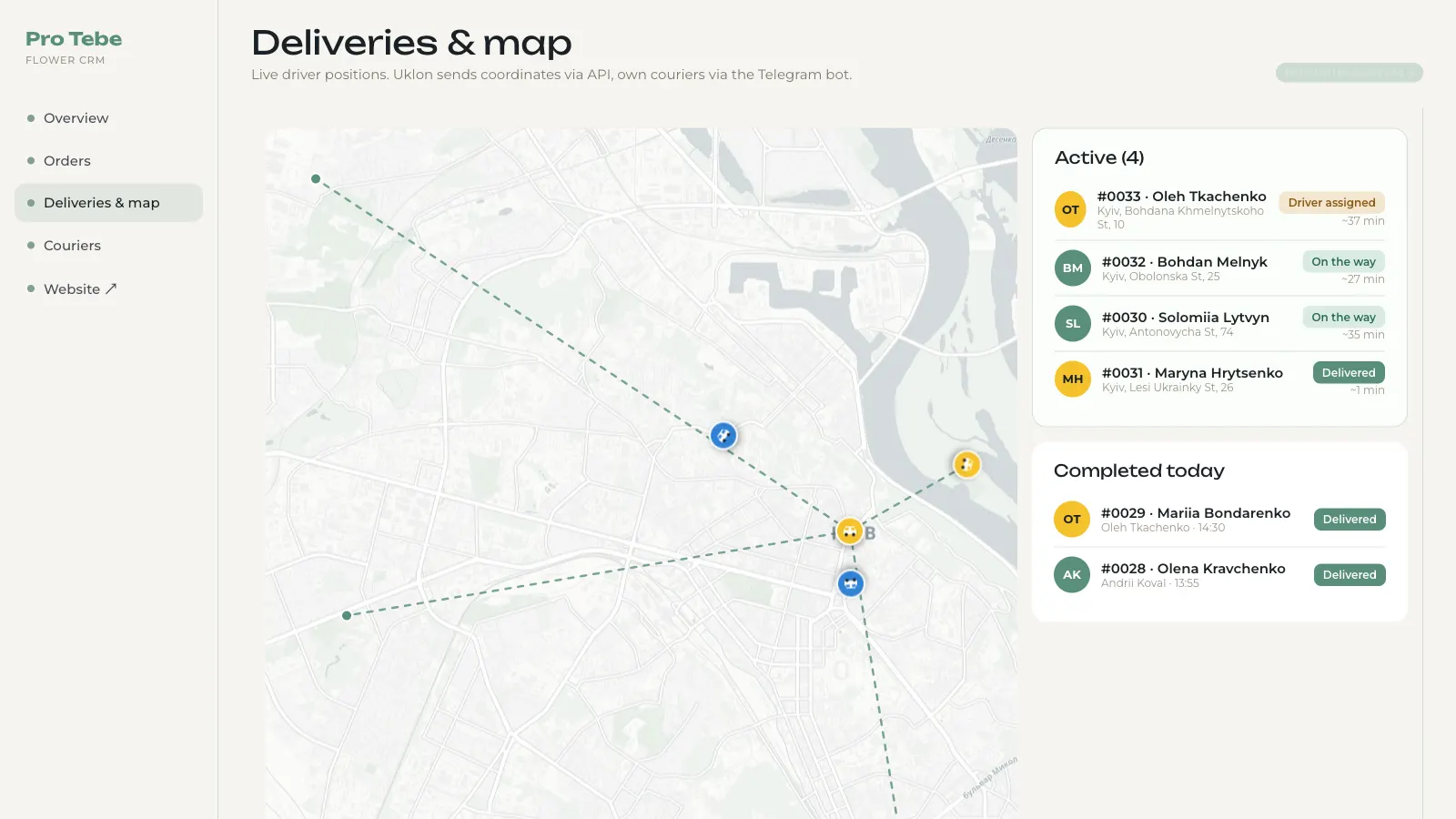 Flower Subscription Service: Telegram Ordering, Uklon Delivery Dispatch & CRM